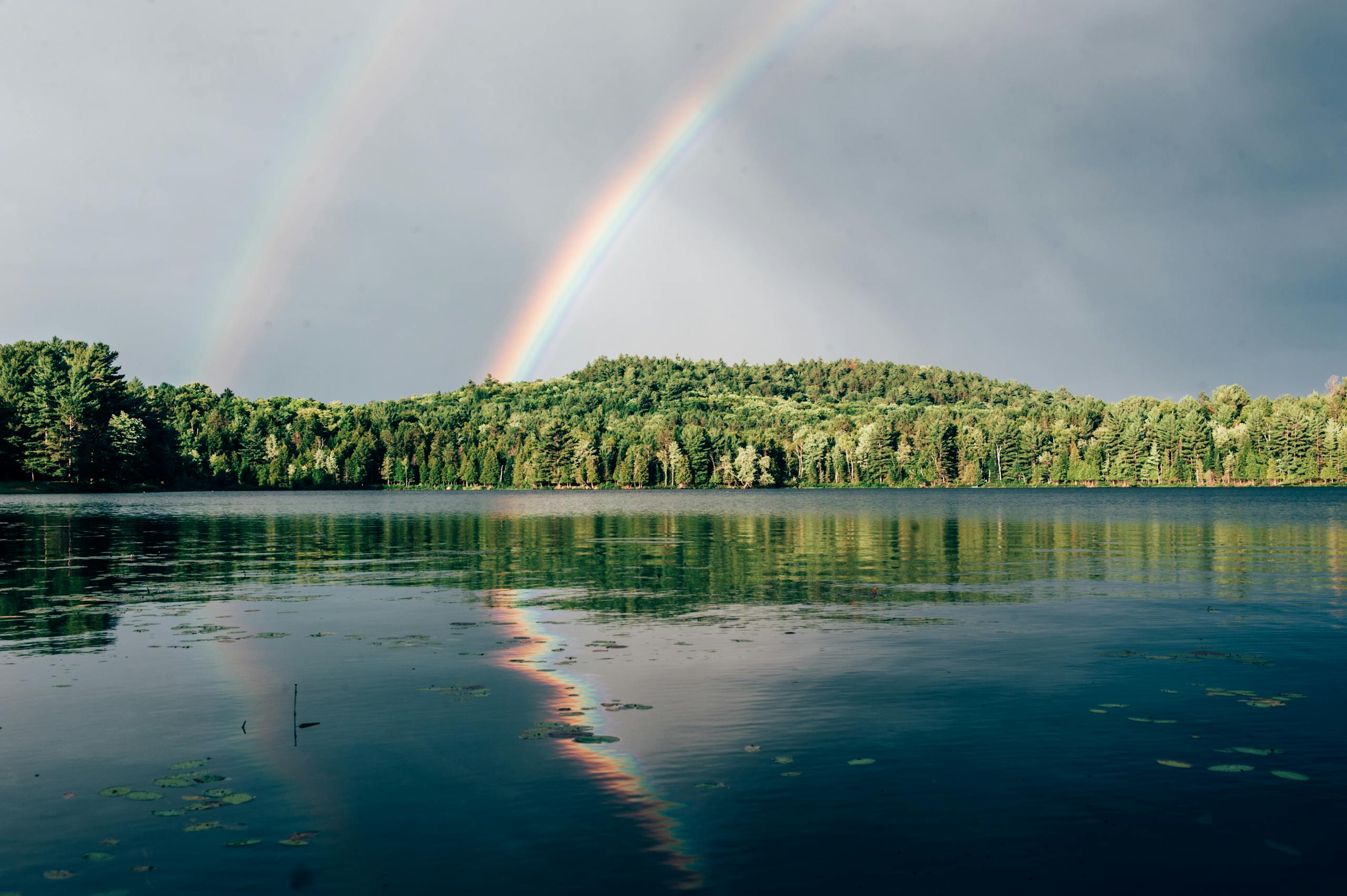 Beautiful double rainbow over a tranquil lake surrounded by lush green forest.